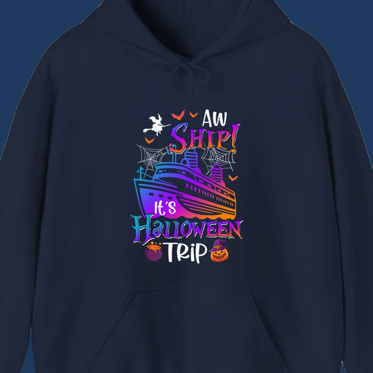 Colorful aw ship halloween cruise design featuring a gradient cruise ship, witch on broomstick, bats, spider webs, cauldron, and jack-o-lantern pumpkin.