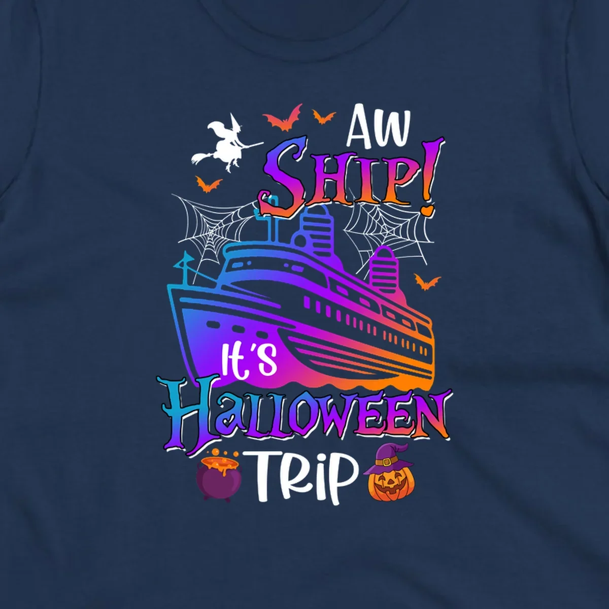 Colorful aw ship halloween cruise design featuring a gradient cruise ship, witch on broomstick, bats, spider webs, cauldron, and jack-o-lantern pumpkin.