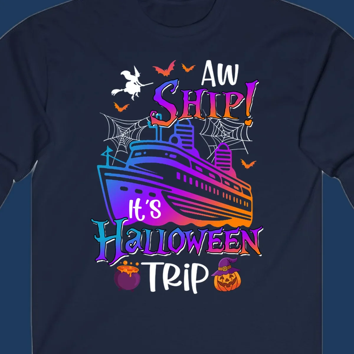 Colorful aw ship halloween cruise design featuring a gradient cruise ship, witch on broomstick, bats, spider webs, cauldron, and jack-o-lantern pumpkin.