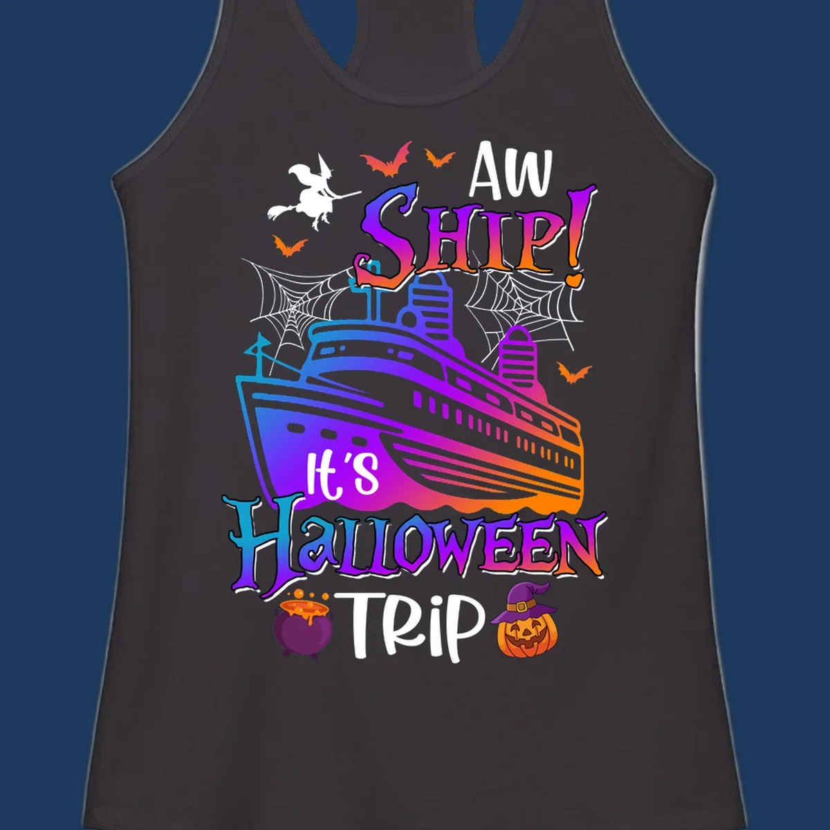 Colorful aw ship halloween cruise design featuring a gradient cruise ship, witch on broomstick, bats, spider webs, cauldron, and jack-o-lantern pumpkin.