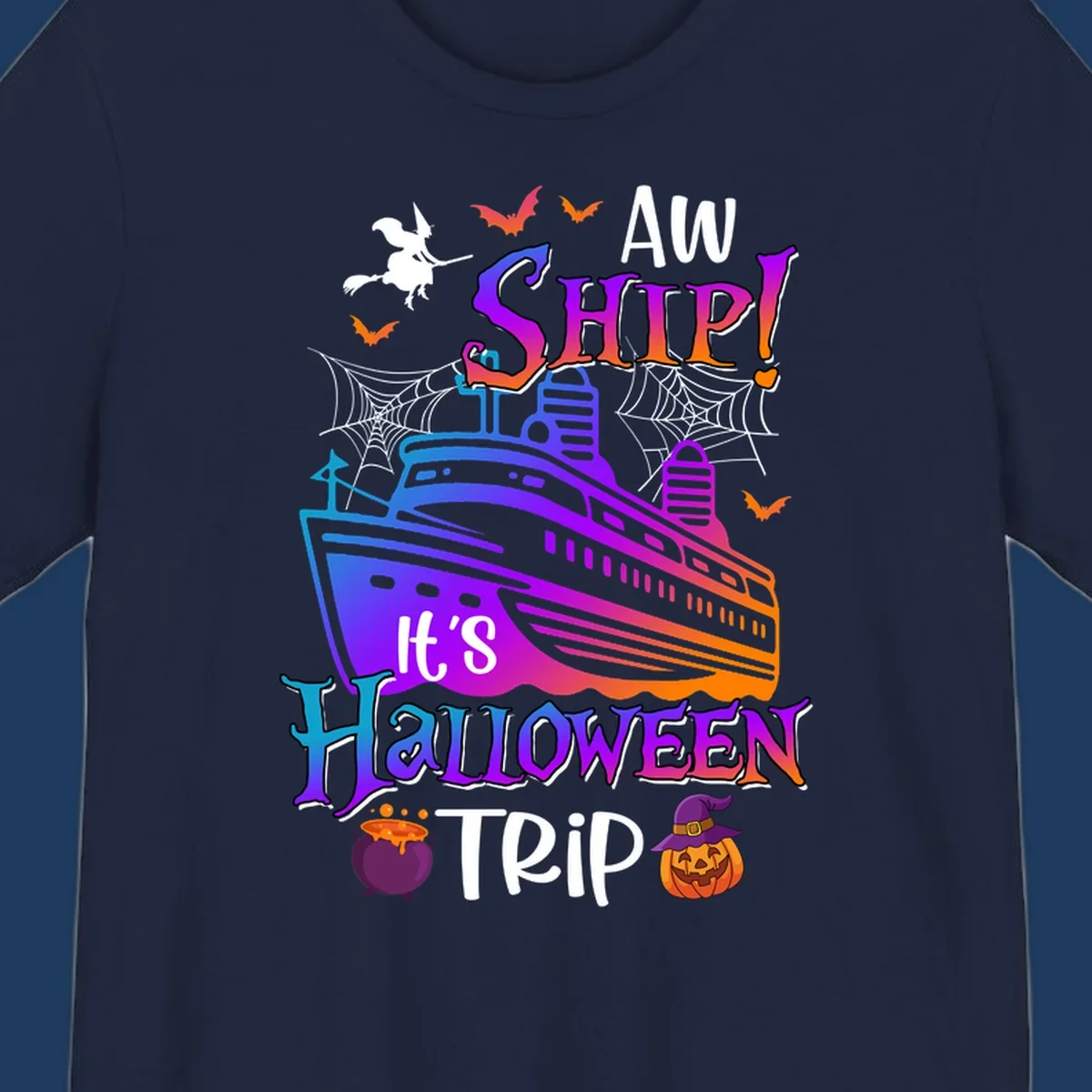 Colorful aw ship halloween cruise design featuring a gradient cruise ship, witch on broomstick, bats, spider webs, cauldron, and jack-o-lantern pumpkin.