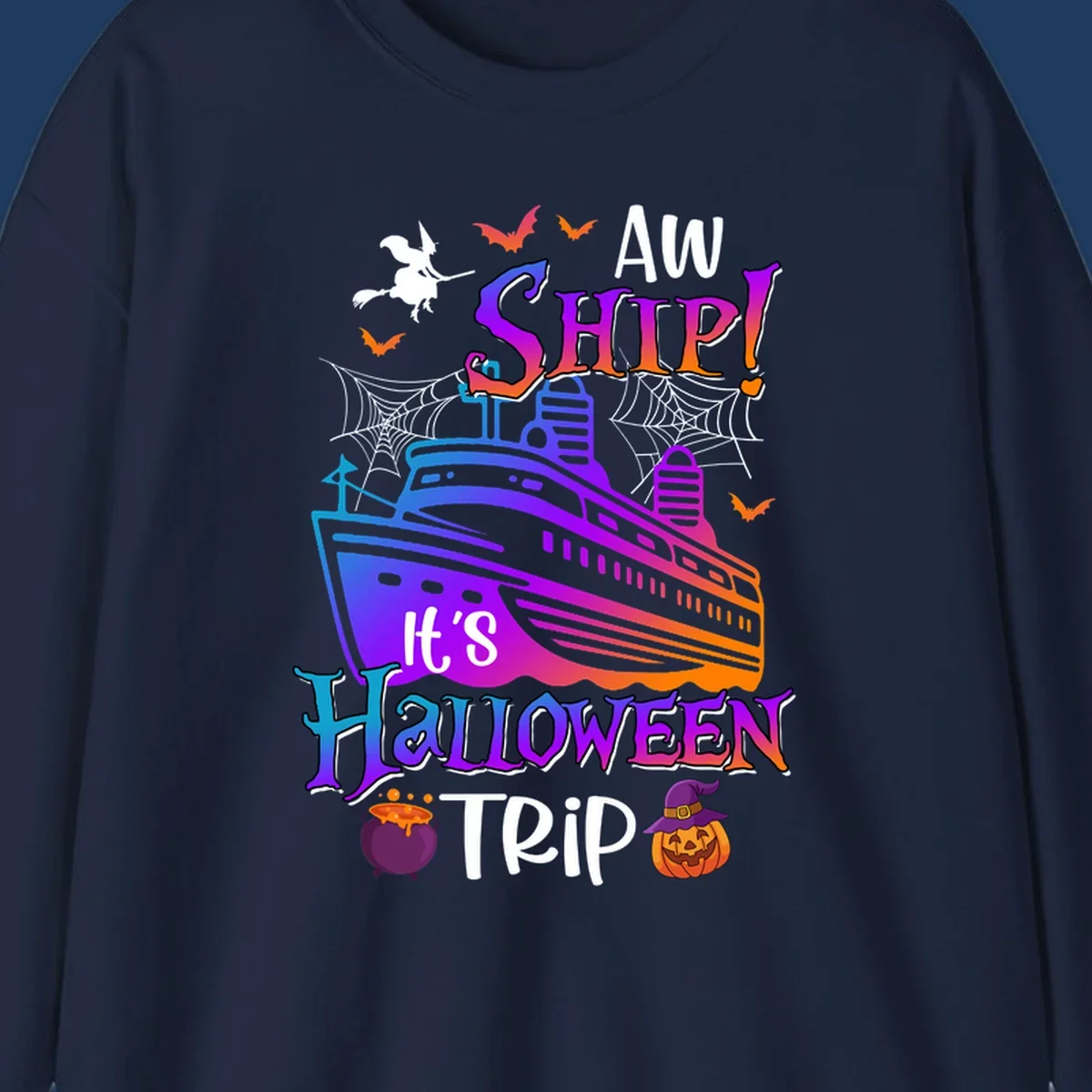 Colorful aw ship halloween cruise design featuring a gradient cruise ship, witch on broomstick, bats, spider webs, cauldron, and jack-o-lantern pumpkin.
