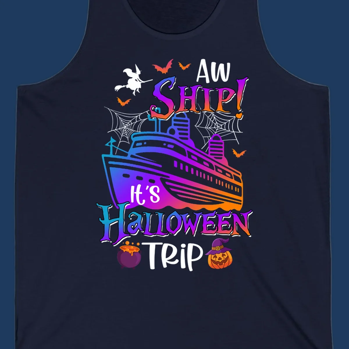 Colorful aw ship halloween cruise design featuring a gradient cruise ship, witch on broomstick, bats, spider webs, cauldron, and jack-o-lantern pumpkin.