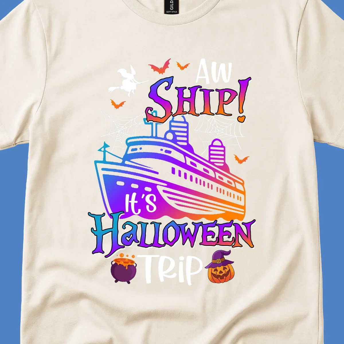 Colorful aw ship halloween cruise design featuring a gradient cruise ship, witch on broomstick, bats, spider webs, cauldron, and jack-o-lantern pumpkin.