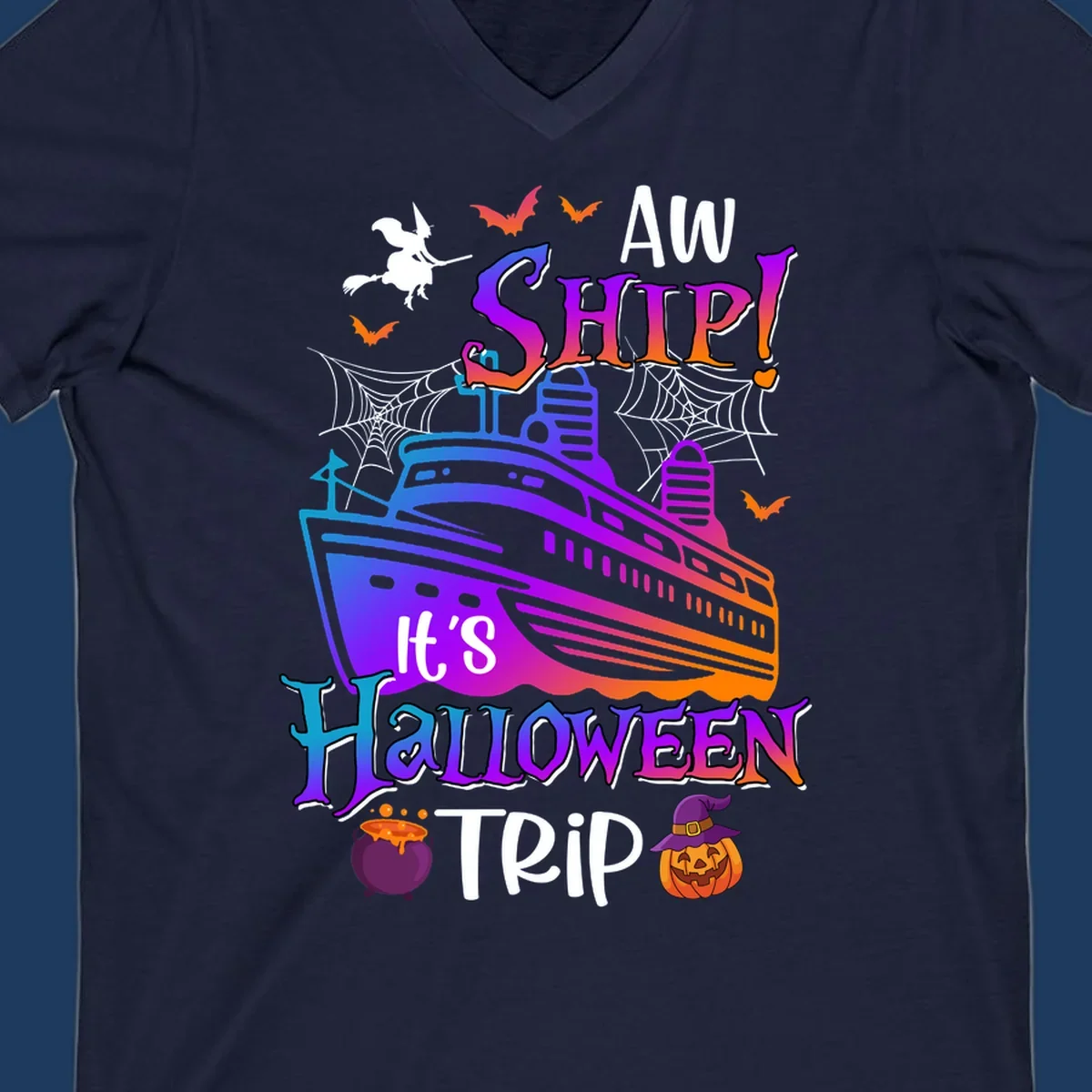 Colorful aw ship halloween cruise design featuring a gradient cruise ship, witch on broomstick, bats, spider webs, cauldron, and jack-o-lantern pumpkin.