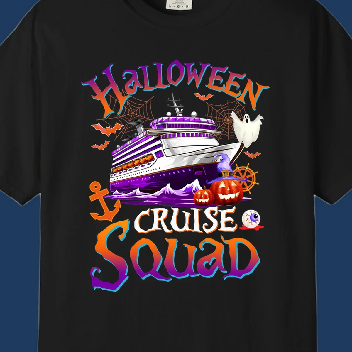 Halloween cruise squad design featuring a purple striped ship surrounded by jack-o-lanterns, ghosts, witches, and nautical elements.