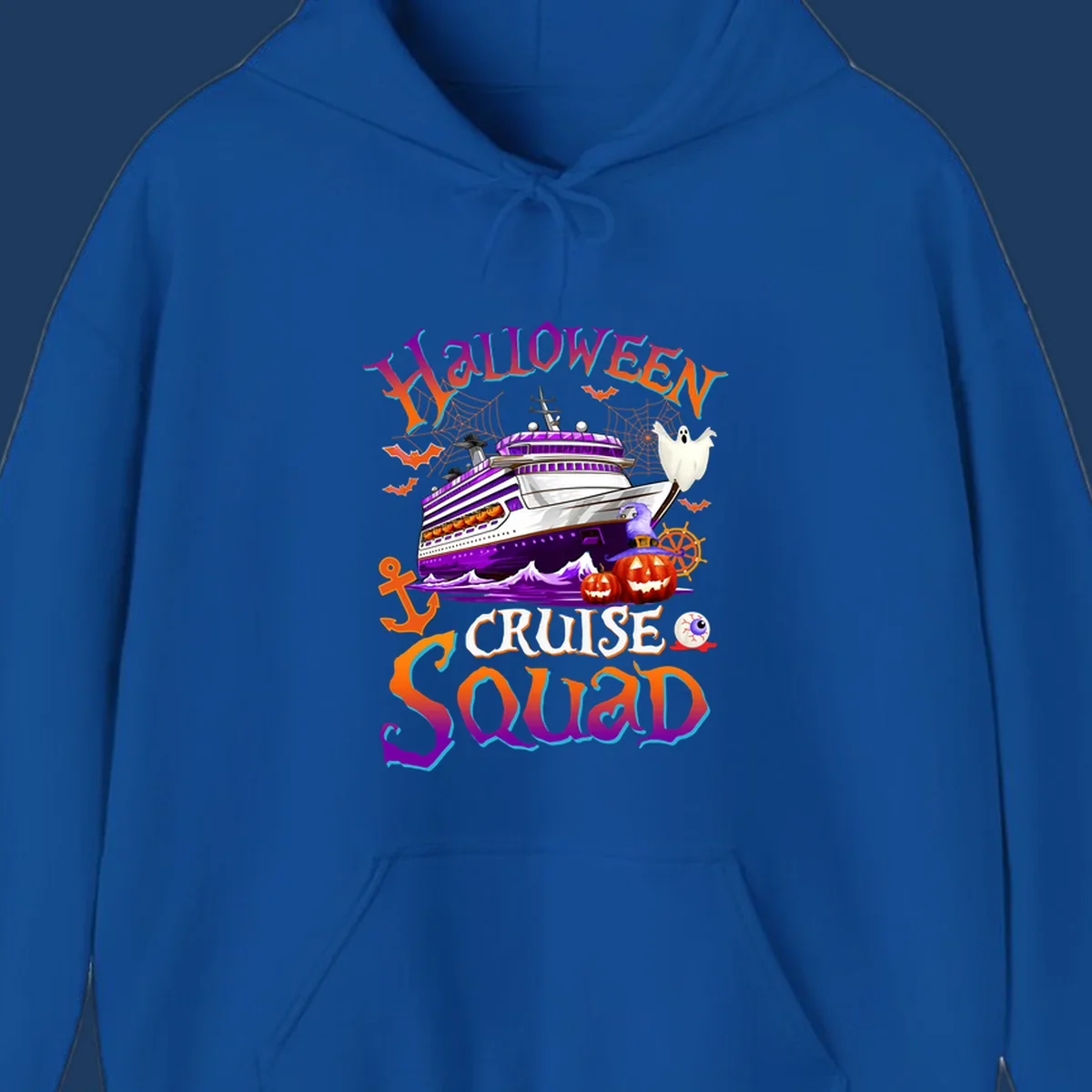 Halloween cruise squad design featuring a purple striped ship surrounded by jack-o-lanterns, ghosts, witches, and nautical elements.