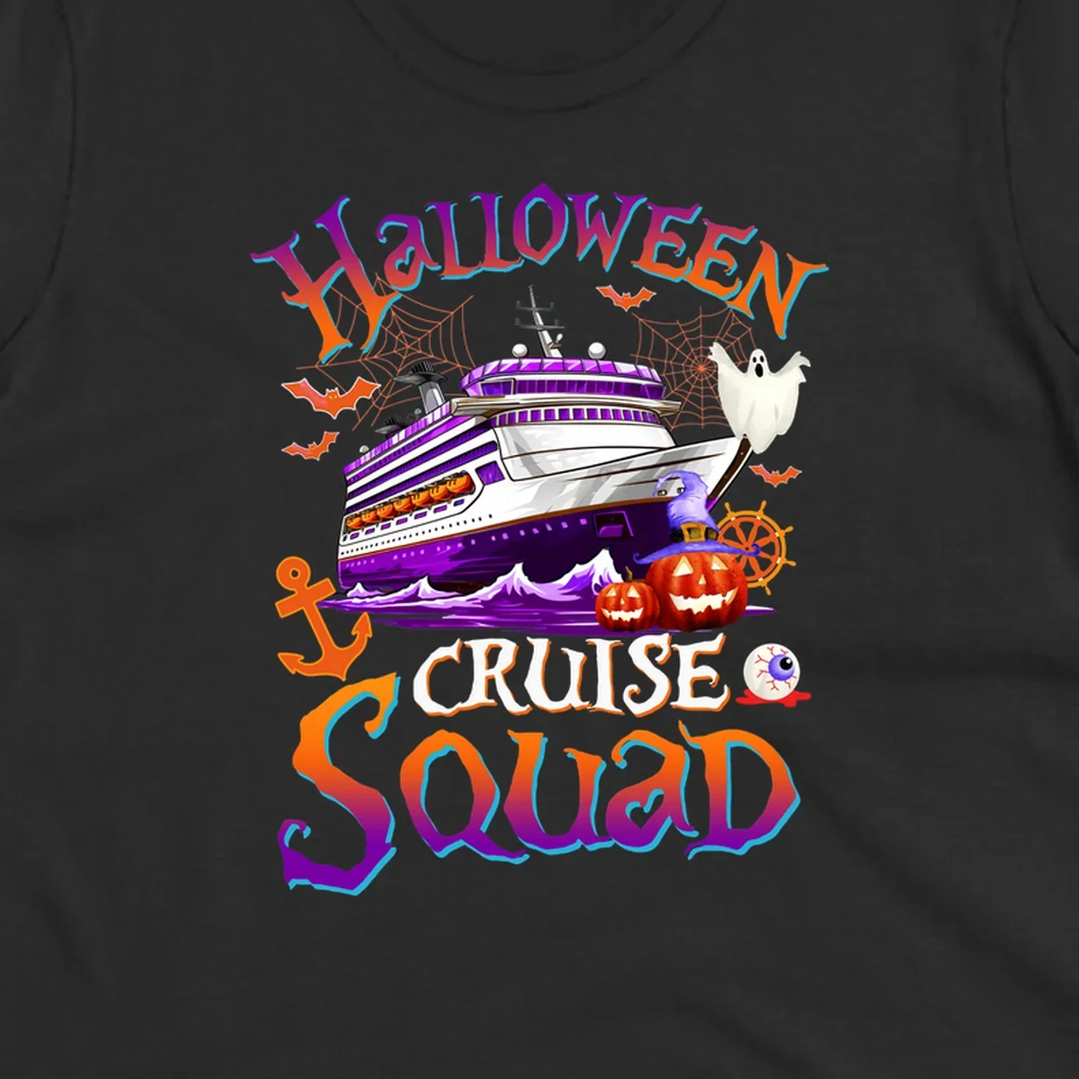 Halloween cruise squad design featuring a purple striped ship surrounded by jack-o-lanterns, ghosts, witches, and nautical elements.