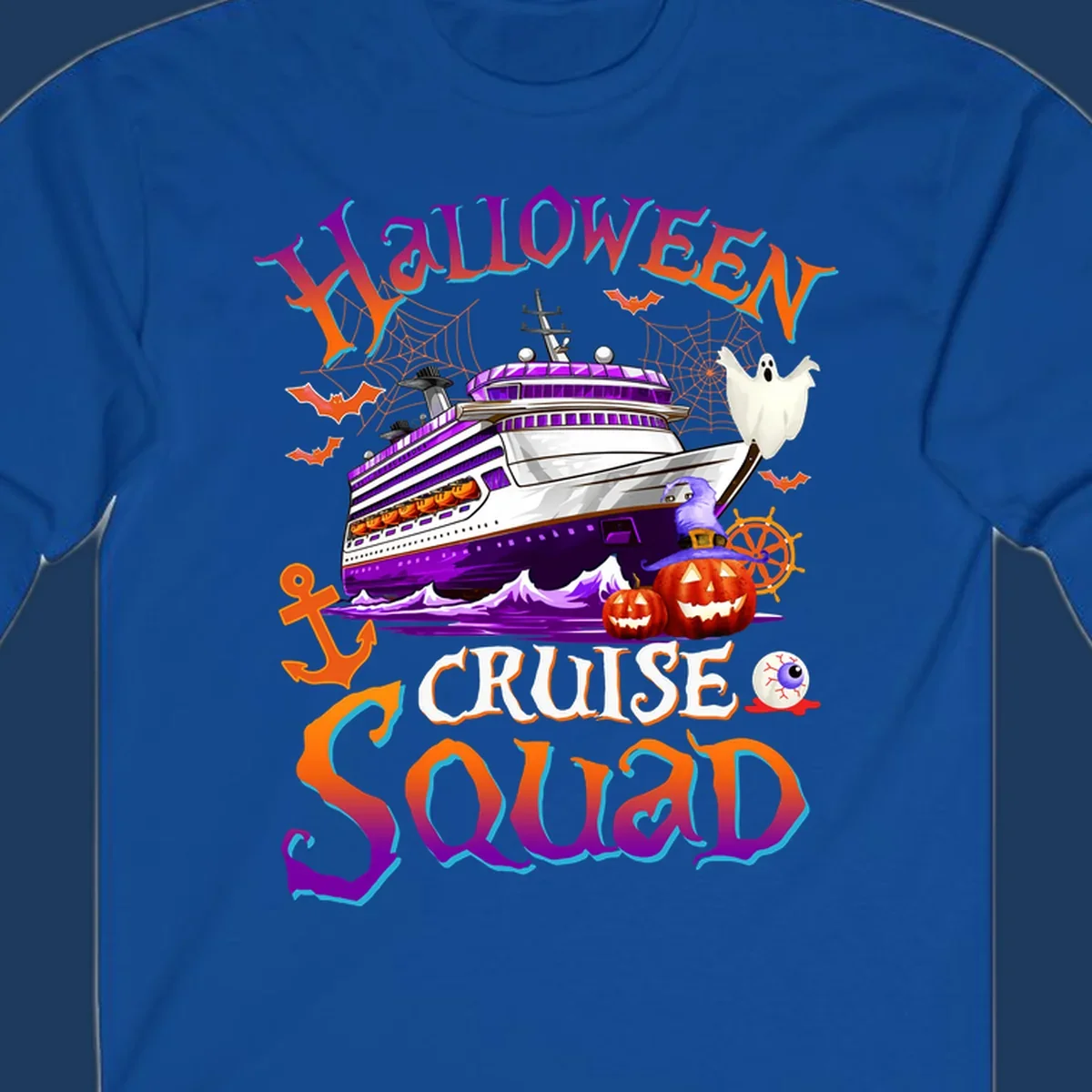 Halloween cruise squad design featuring a purple striped ship surrounded by jack-o-lanterns, ghosts, witches, and nautical elements.