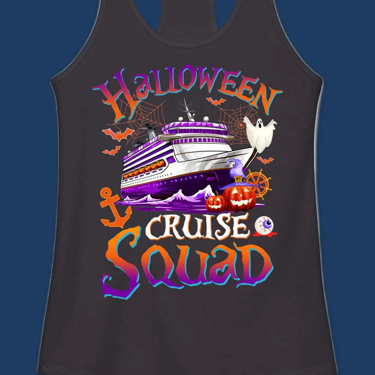 Halloween cruise squad design featuring a purple striped ship surrounded by jack-o-lanterns, ghosts, witches, and nautical elements.