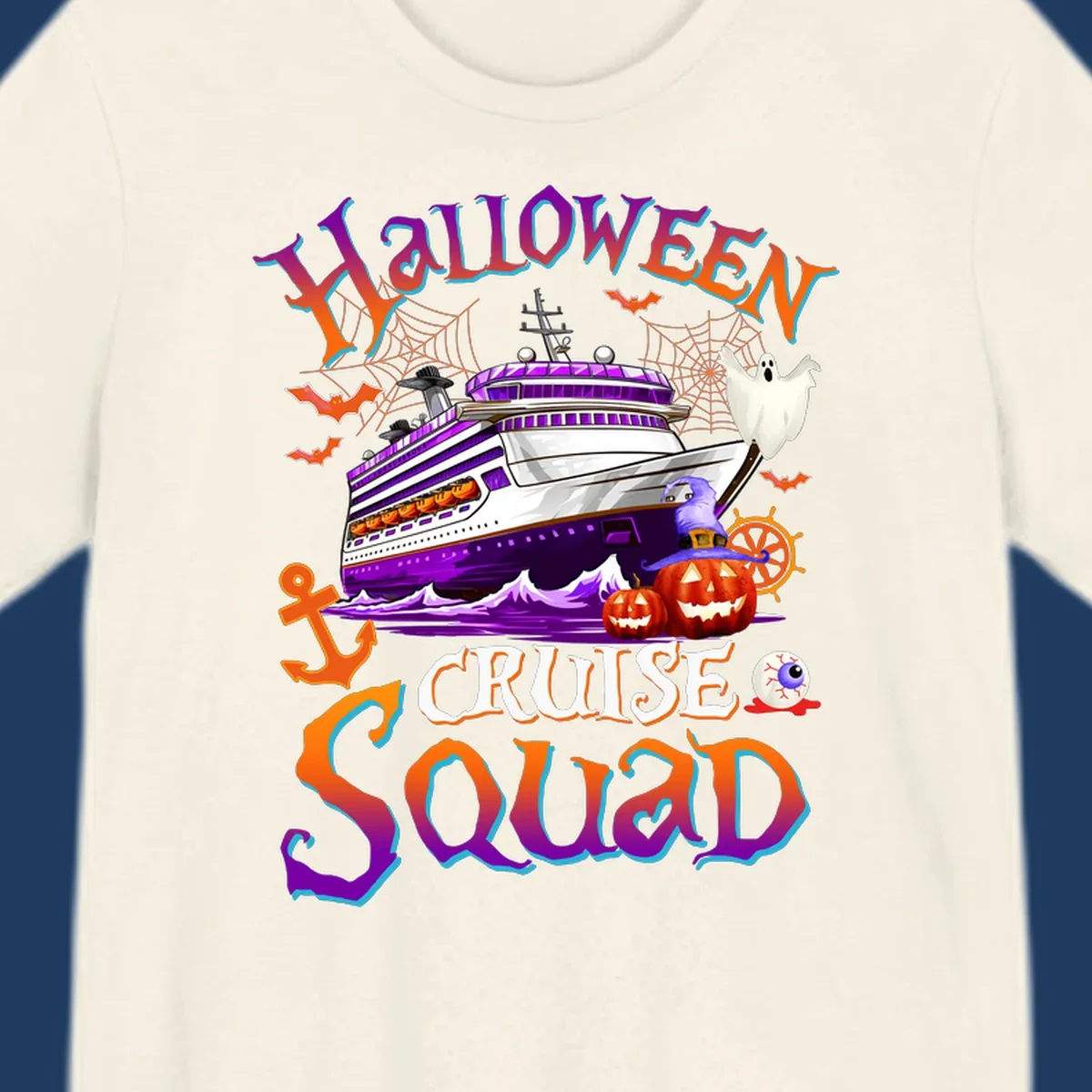 Halloween cruise squad design featuring a purple striped ship surrounded by jack-o-lanterns, ghosts, witches, and nautical elements.