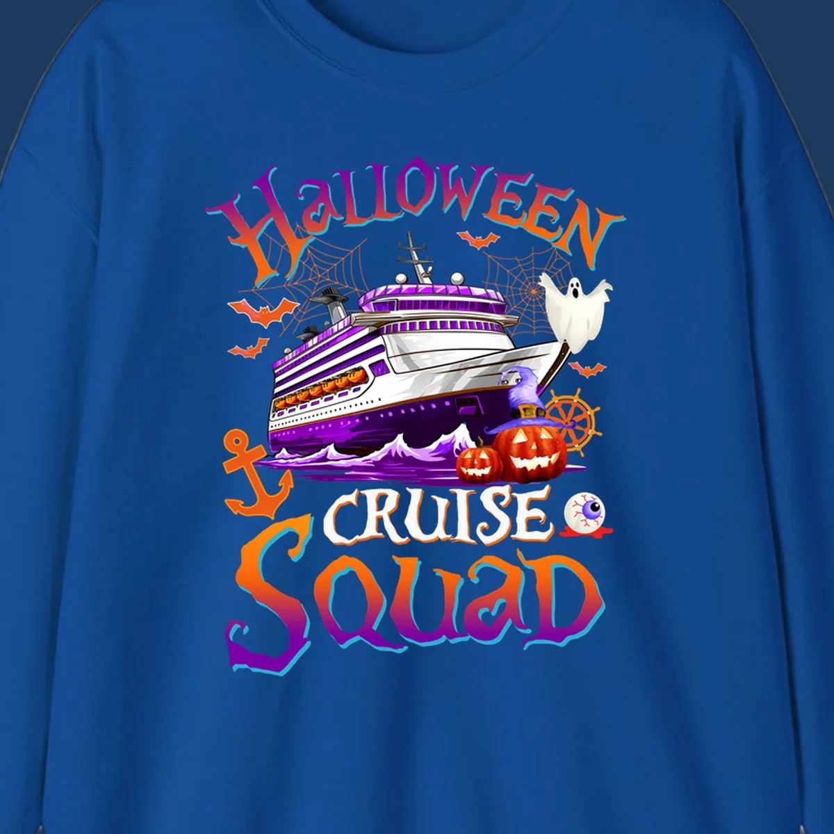 Halloween cruise squad design featuring a purple striped ship surrounded by jack-o-lanterns, ghosts, witches, and nautical elements.