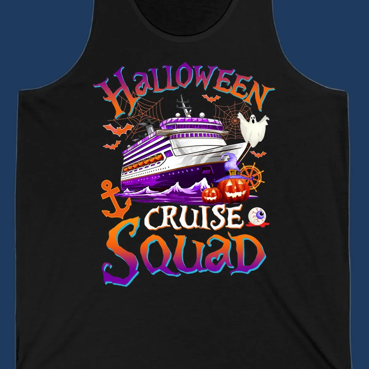Halloween cruise squad design featuring a purple striped ship surrounded by jack-o-lanterns, ghosts, witches, and nautical elements.