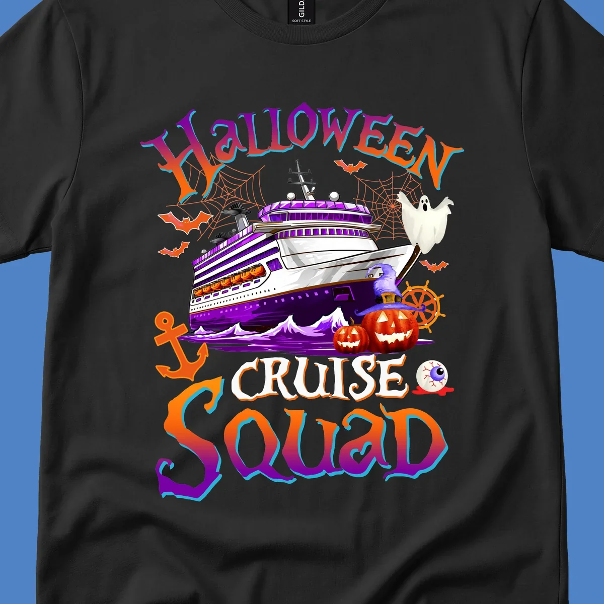 Halloween cruise squad design featuring a purple striped ship surrounded by jack-o-lanterns, ghosts, witches, and nautical elements.