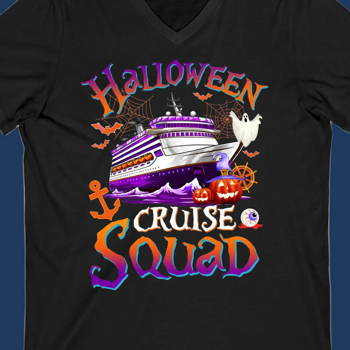 Halloween cruise squad design featuring a purple striped ship surrounded by jack-o-lanterns, ghosts, witches, and nautical elements.