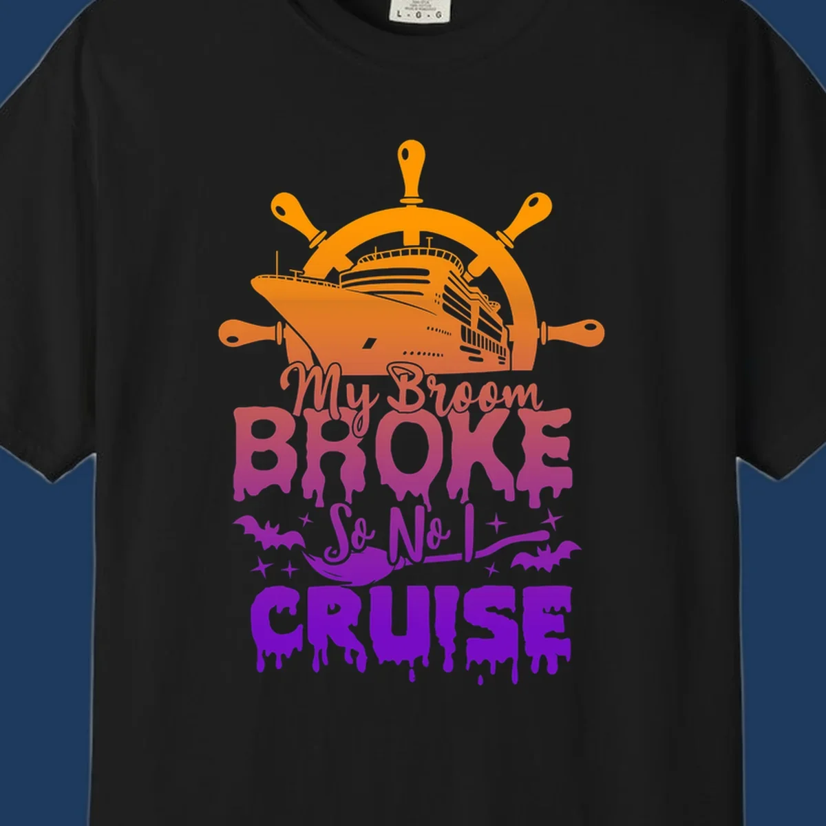 Halloween-themed cruise design with ship wheel, cruise ship, broom so no I cruise text, bats and stars in orange, red, magenta and purple gradient