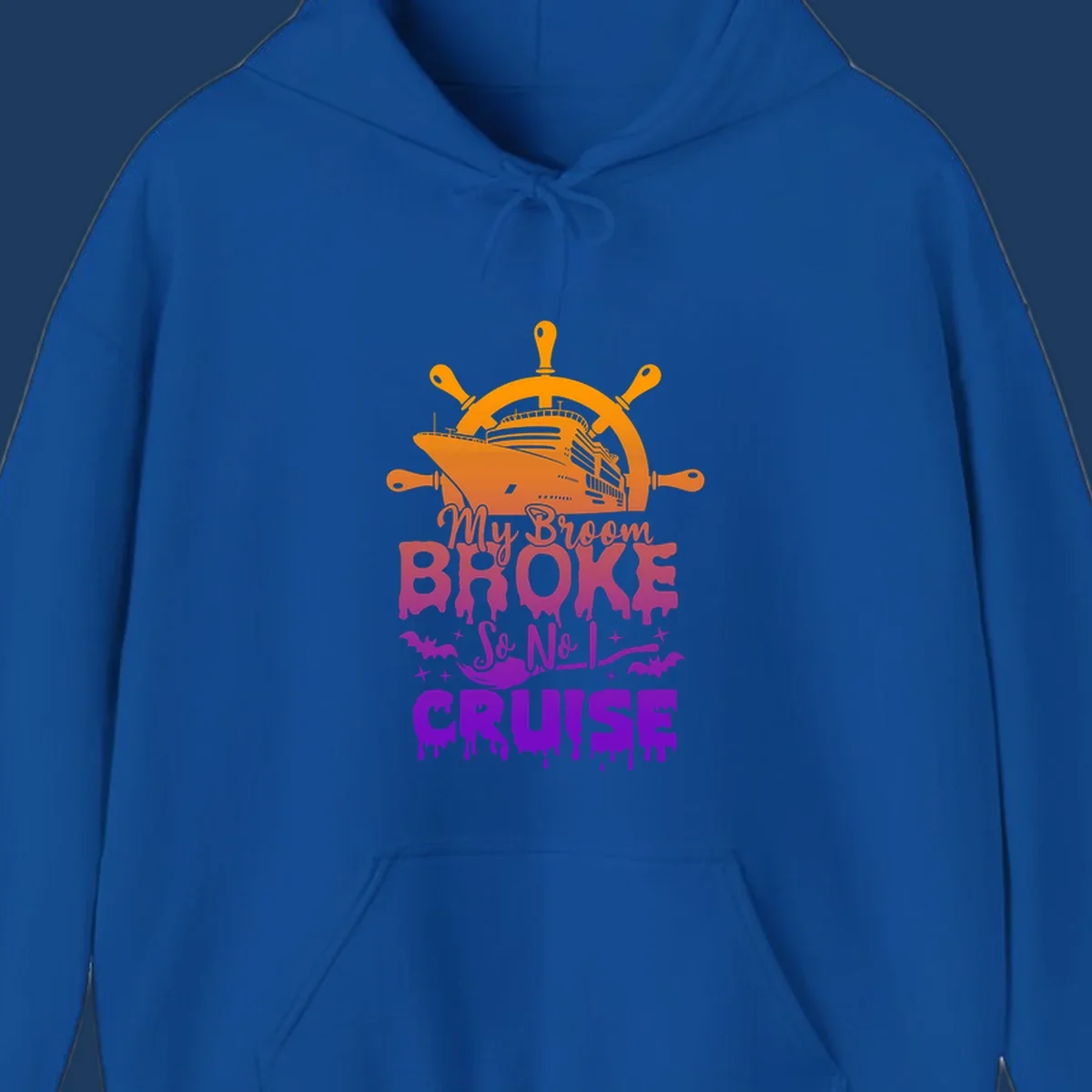 Halloween-themed cruise design with ship wheel, cruise ship, broom so no I cruise text, bats and stars in orange, red, magenta and purple gradient