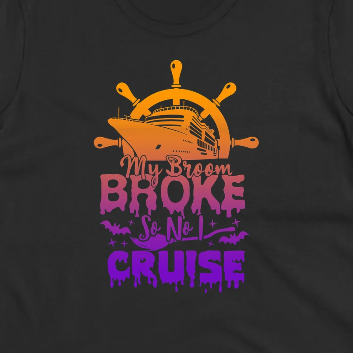 Halloween-themed cruise design with ship wheel, cruise ship, broom so no I cruise text, bats and stars in orange, red, magenta and purple gradient