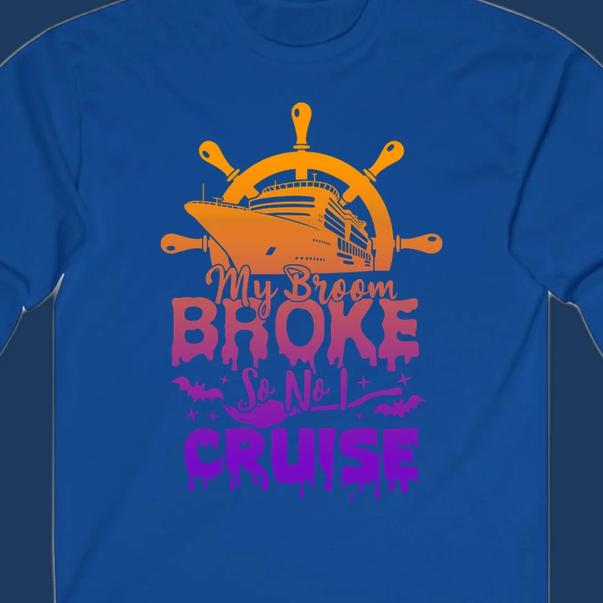 Halloween-themed cruise design with ship wheel, cruise ship, broom so no I cruise text, bats and stars in orange, red, magenta and purple gradient