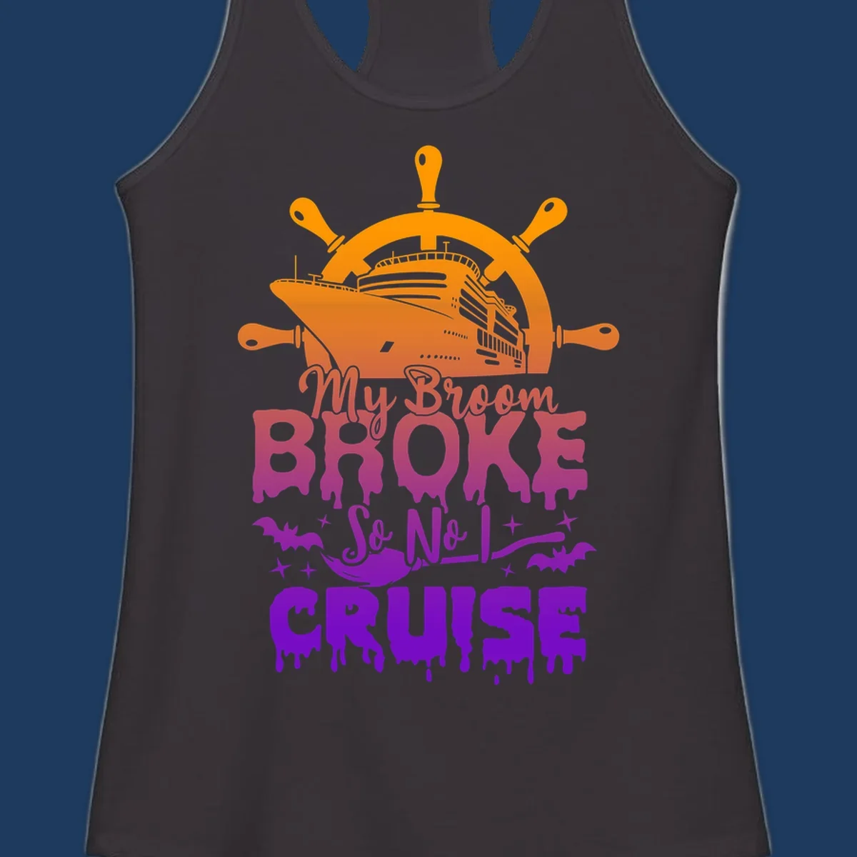 Halloween-themed cruise design with ship wheel, cruise ship, broom so no I cruise text, bats and stars in orange, red, magenta and purple gradient