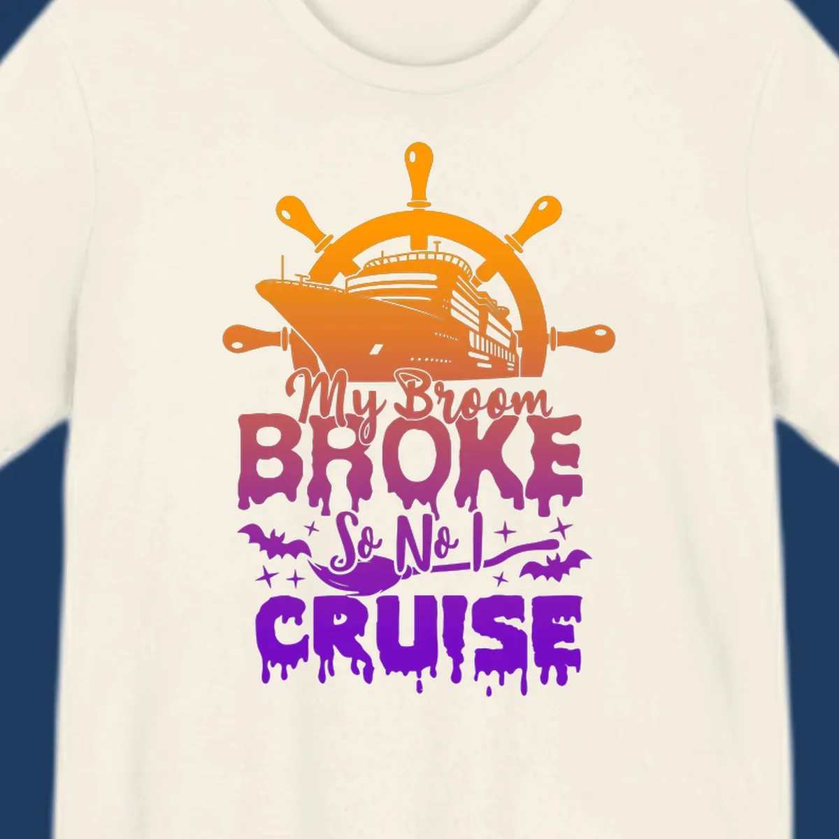 Halloween-themed cruise design with ship wheel, cruise ship, broom so no I cruise text, bats and stars in orange, red, magenta and purple gradient