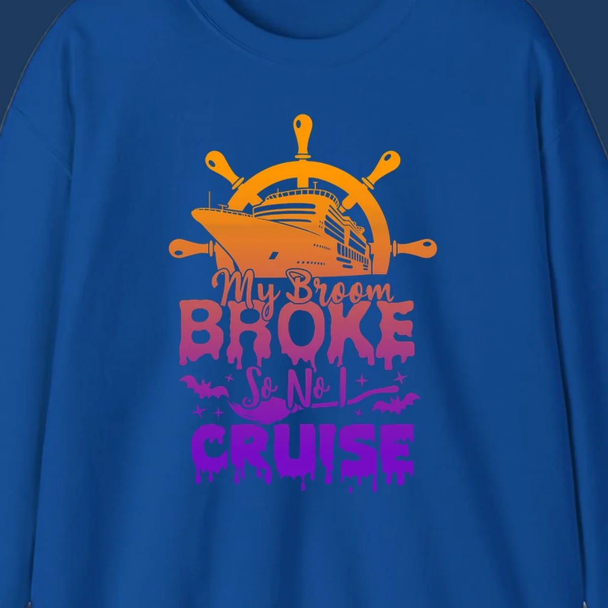 Halloween-themed cruise design with ship wheel, cruise ship, broom so no I cruise text, bats and stars in orange, red, magenta and purple gradient