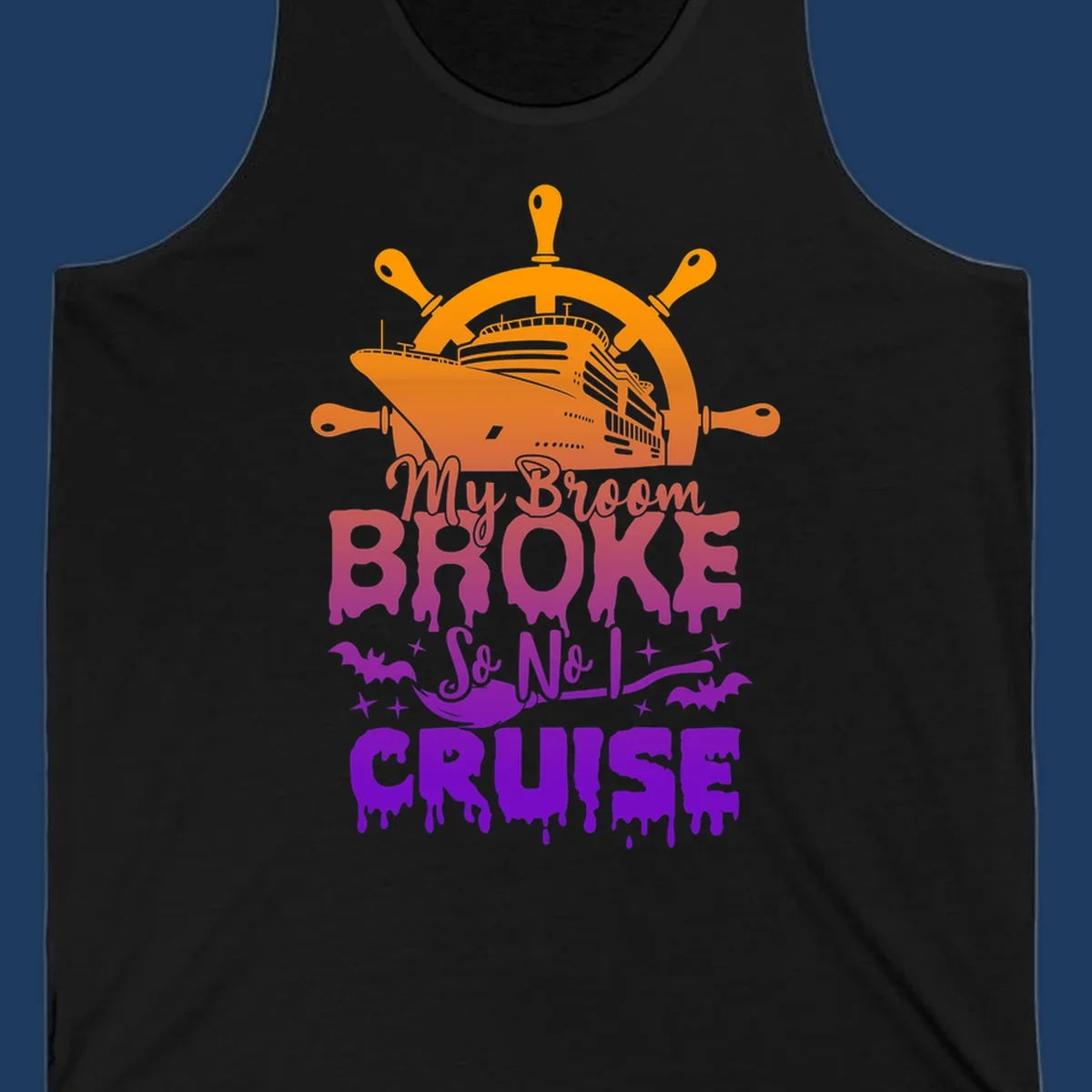 Halloween-themed cruise design with ship wheel, cruise ship, broom so no I cruise text, bats and stars in orange, red, magenta and purple gradient