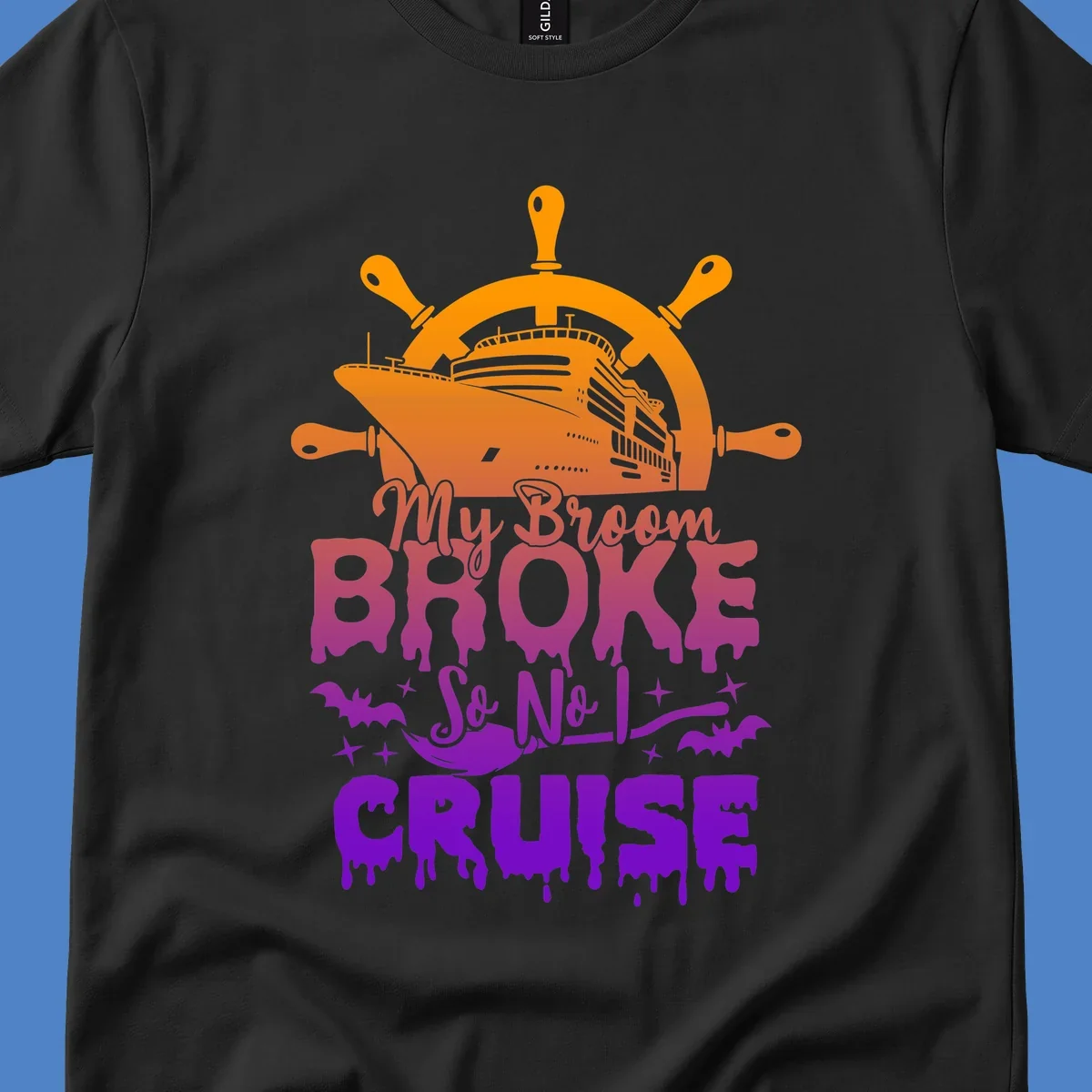 Halloween-themed cruise design with ship wheel, cruise ship, broom so no I cruise text, bats and stars in orange, red, magenta and purple gradient