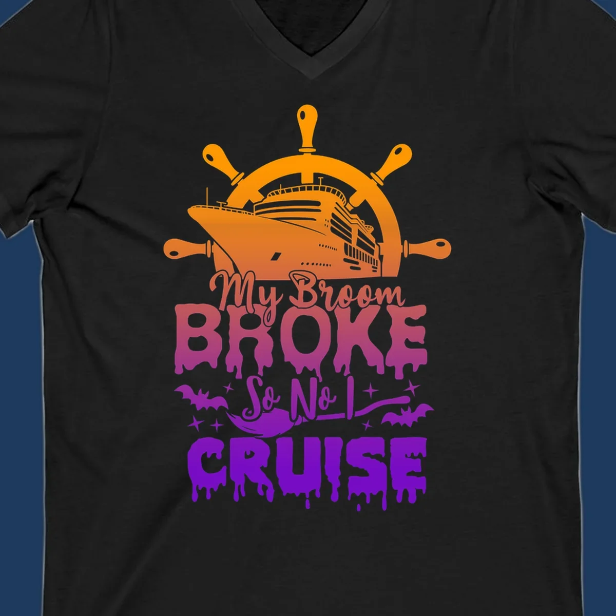 Halloween-themed cruise design with ship wheel, cruise ship, broom so no I cruise text, bats and stars in orange, red, magenta and purple gradient