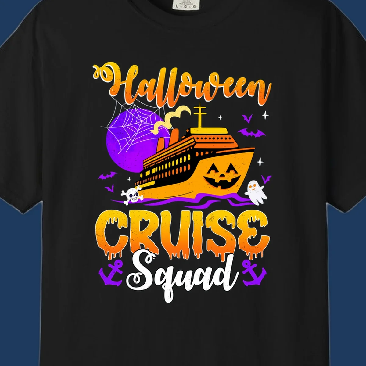 Halloween Cruise Squad design featuring a spooky orange ship with jack-o-lantern face, moon, bats, ghosts, and skull imagery
