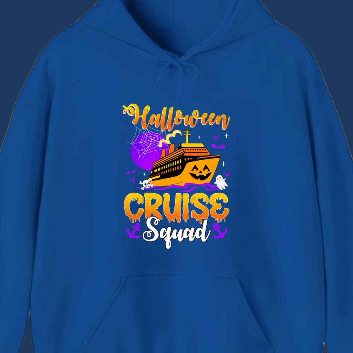 Halloween Cruise Squad design featuring a spooky orange ship with jack-o-lantern face, moon, bats, ghosts, and skull imagery