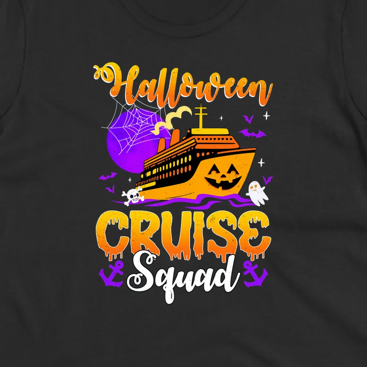 Halloween Cruise Squad design featuring a spooky orange ship with jack-o-lantern face, moon, bats, ghosts, and skull imagery