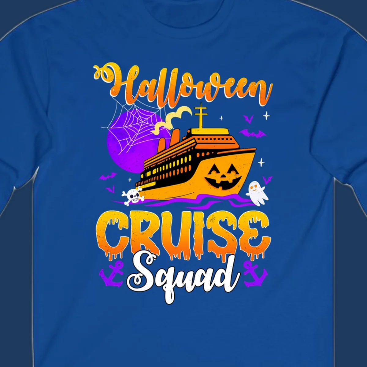 Halloween Cruise Squad design featuring a spooky orange ship with jack-o-lantern face, moon, bats, ghosts, and skull imagery