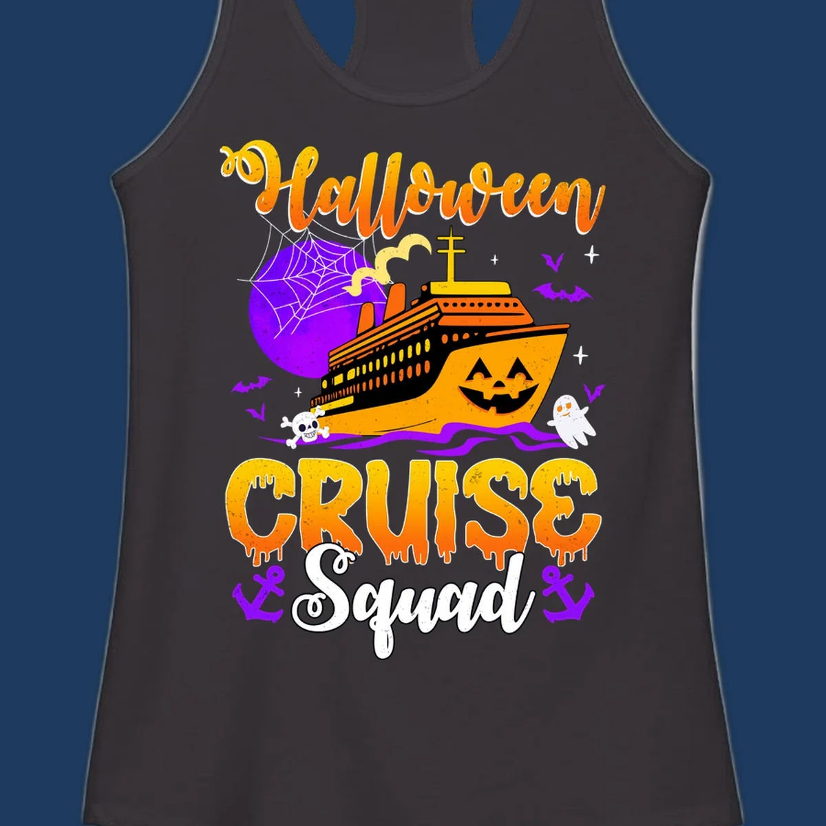 Halloween Cruise Squad design featuring a spooky orange ship with jack-o-lantern face, moon, bats, ghosts, and skull imagery