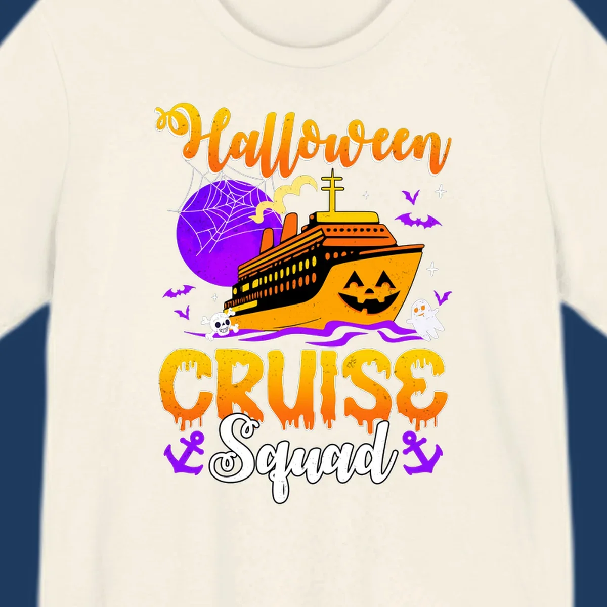 Halloween Cruise Squad design featuring a spooky orange ship with jack-o-lantern face, moon, bats, ghosts, and skull imagery