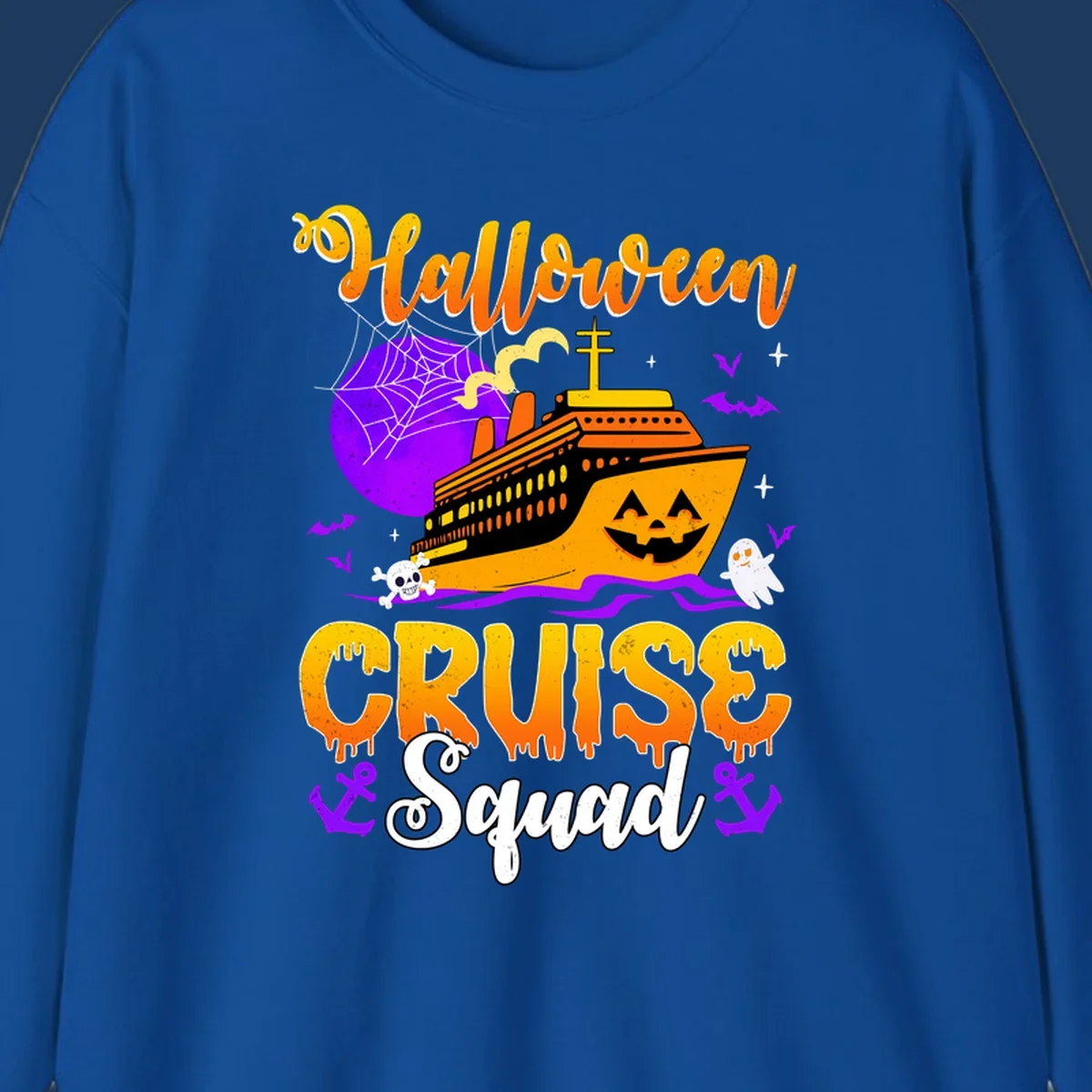Halloween Cruise Squad design featuring a spooky orange ship with jack-o-lantern face, moon, bats, ghosts, and skull imagery