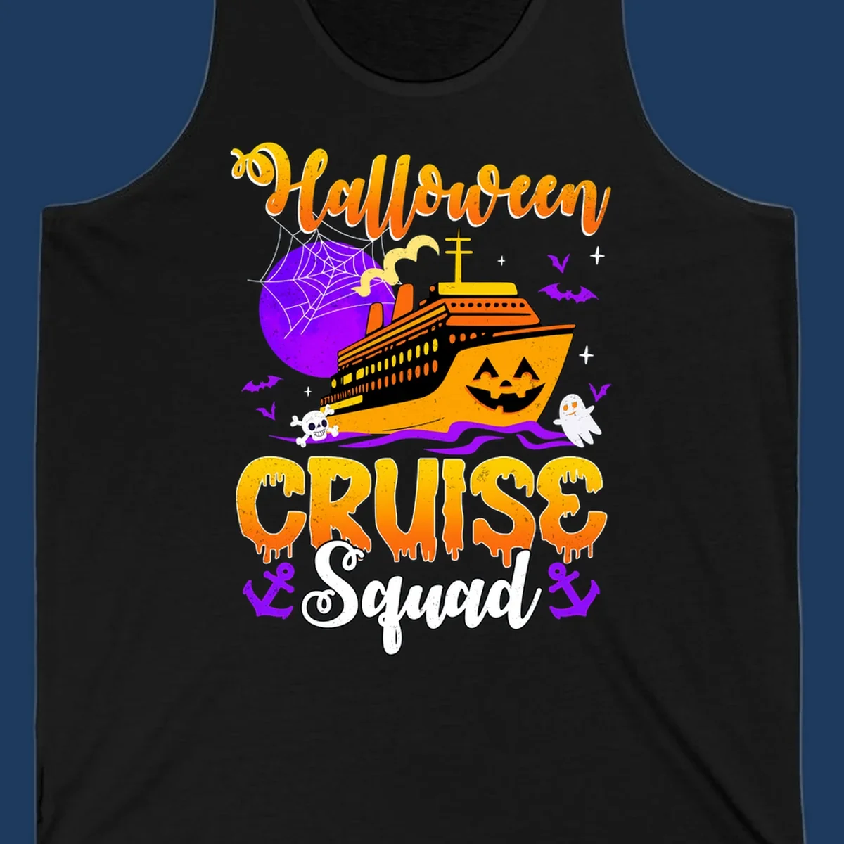Halloween Cruise Squad design featuring a spooky orange ship with jack-o-lantern face, moon, bats, ghosts, and skull imagery