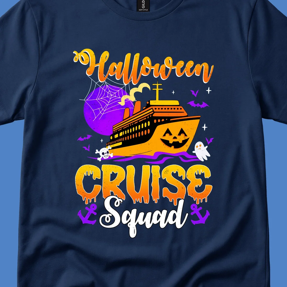 Halloween Cruise Squad design featuring a spooky orange ship with jack-o-lantern face, moon, bats, ghosts, and skull imagery