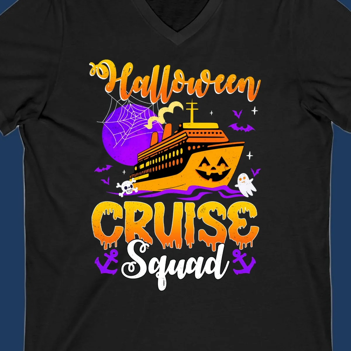Halloween Cruise Squad design featuring a spooky orange ship with jack-o-lantern face, moon, bats, ghosts, and skull imagery