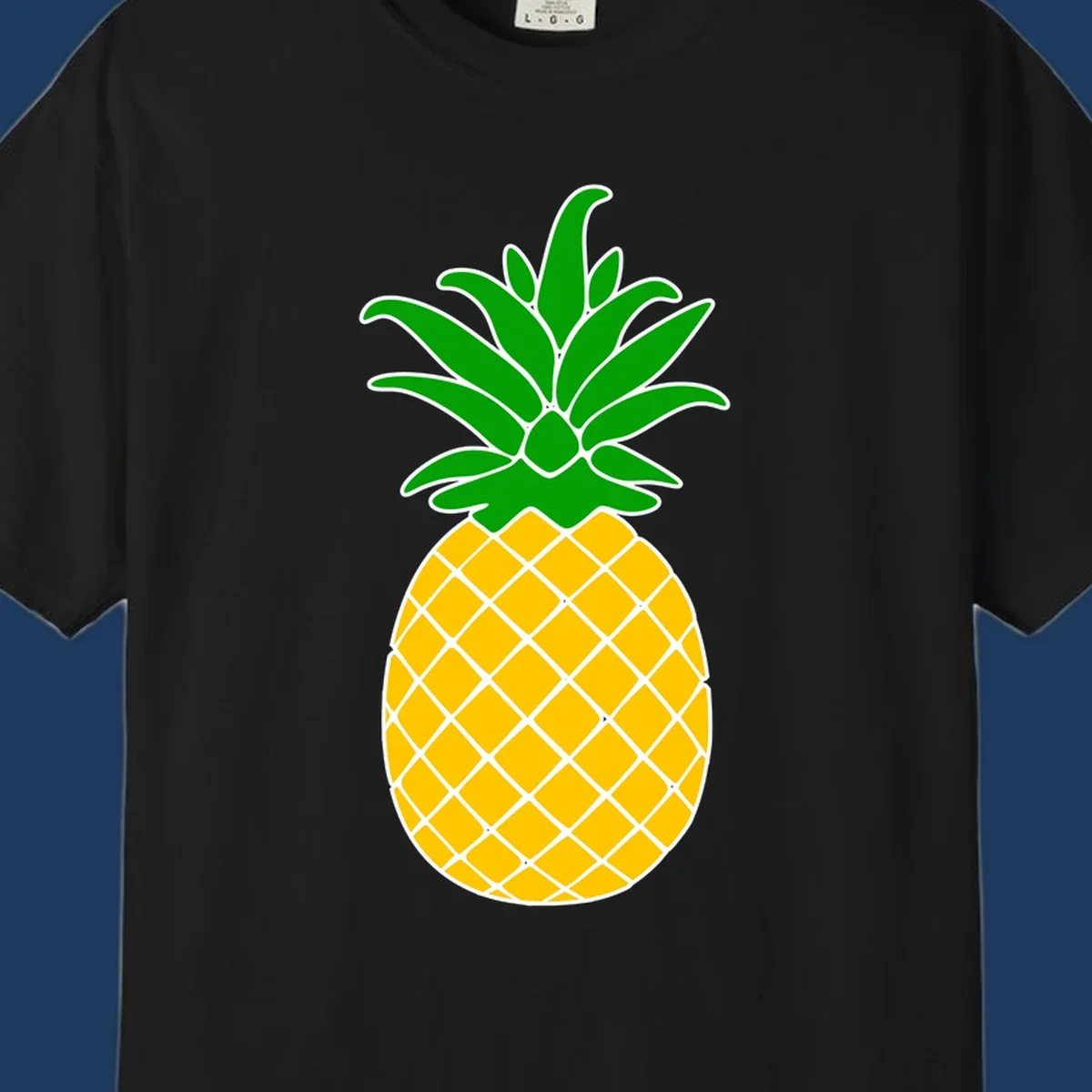 Tropical pineapple crown illustration with green leafy top and yellow textured fruit body outlined in white