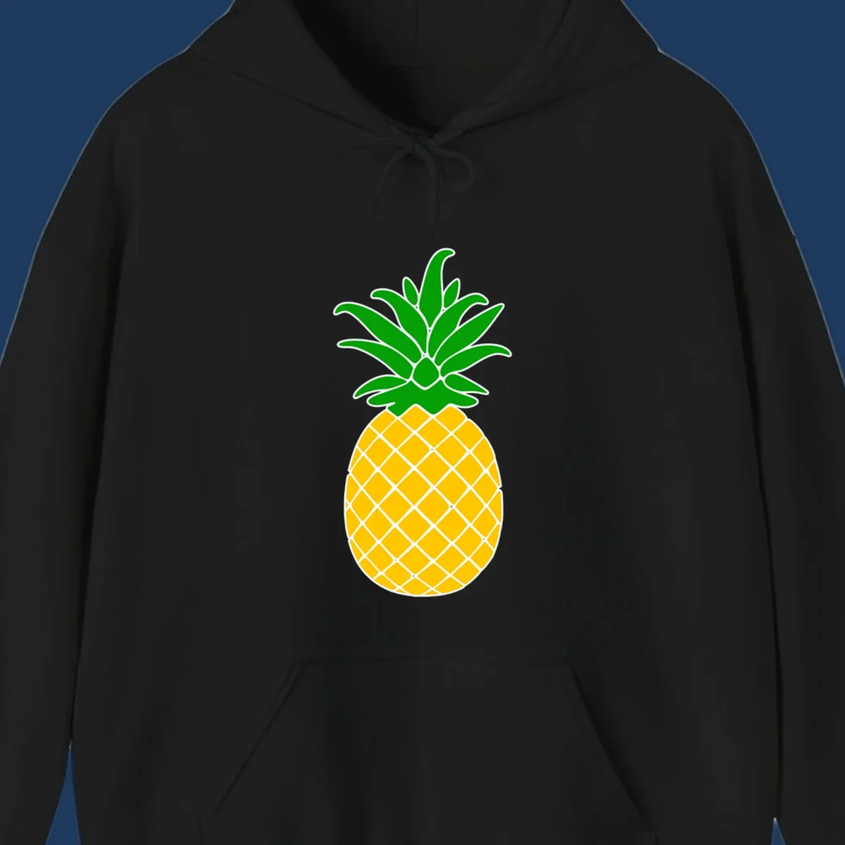 Tropical pineapple crown illustration with green leafy top and yellow textured fruit body outlined in white