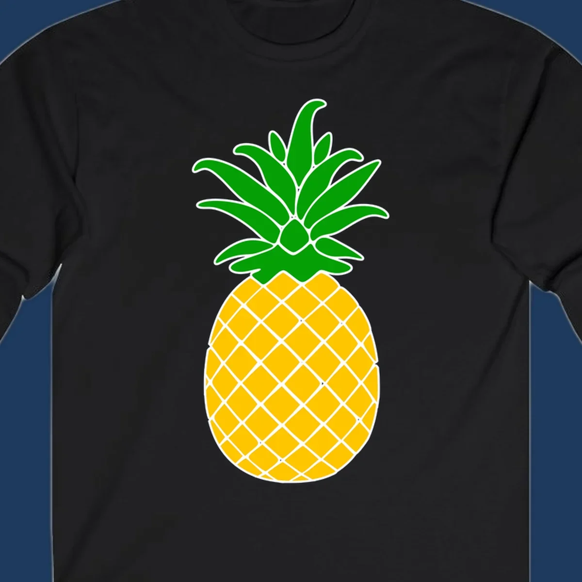 Tropical pineapple crown illustration with green leafy top and yellow textured fruit body outlined in white