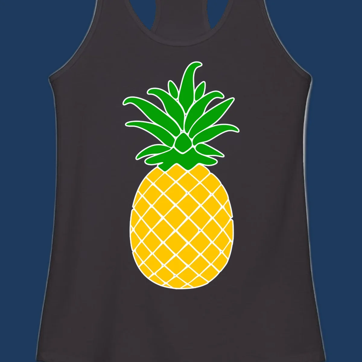 Tropical pineapple crown illustration with green leafy top and yellow textured fruit body outlined in white