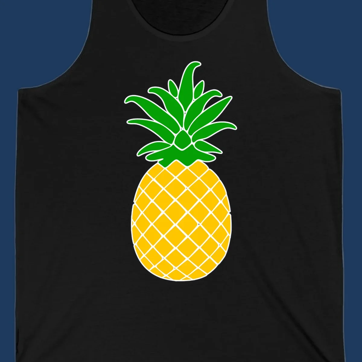 Tropical pineapple crown illustration with green leafy top and yellow textured fruit body outlined in white