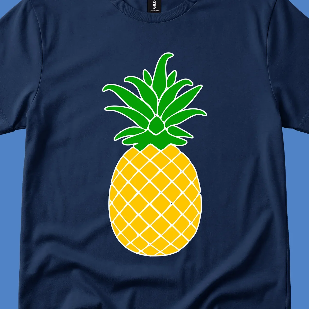 Tropical pineapple crown illustration with green leafy top and yellow textured fruit body outlined in white
