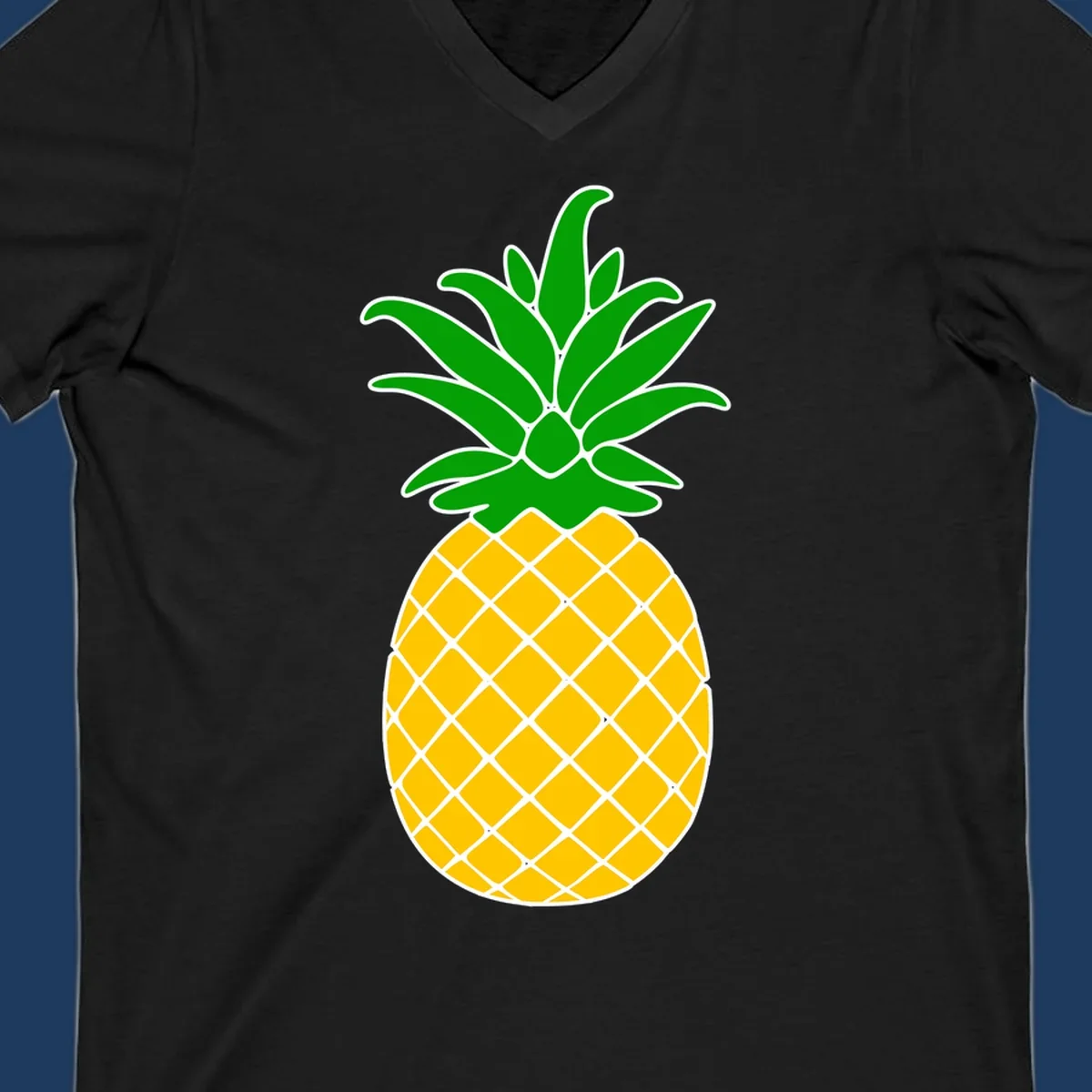 Tropical pineapple crown illustration with green leafy top and yellow textured fruit body outlined in white