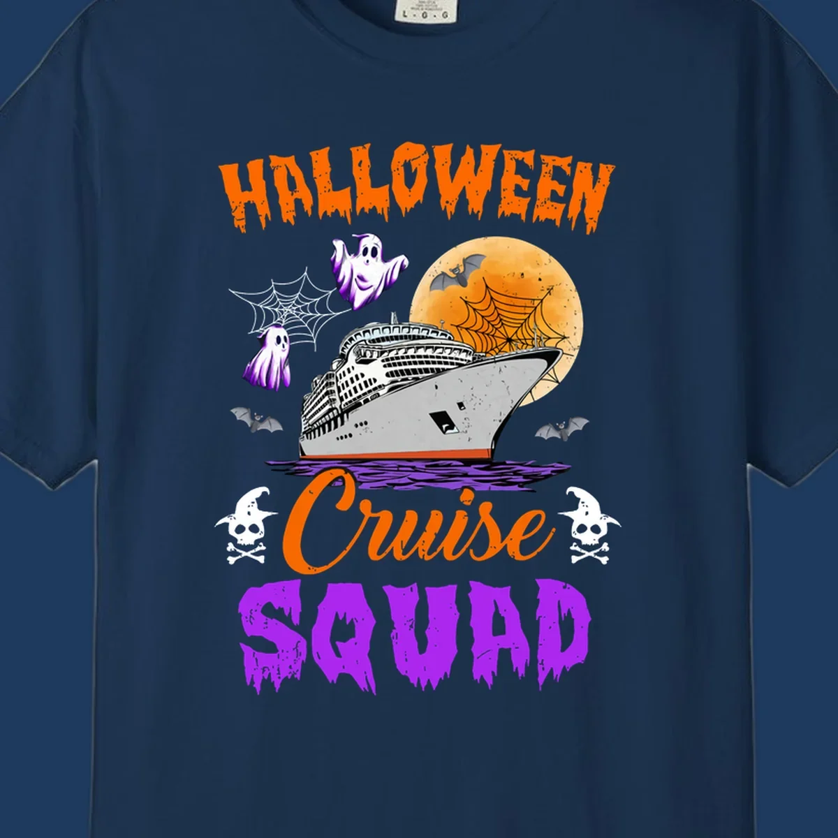 Halloween Cruise Squad design with ship, moon, ghosts, bats, and skulls on gray background