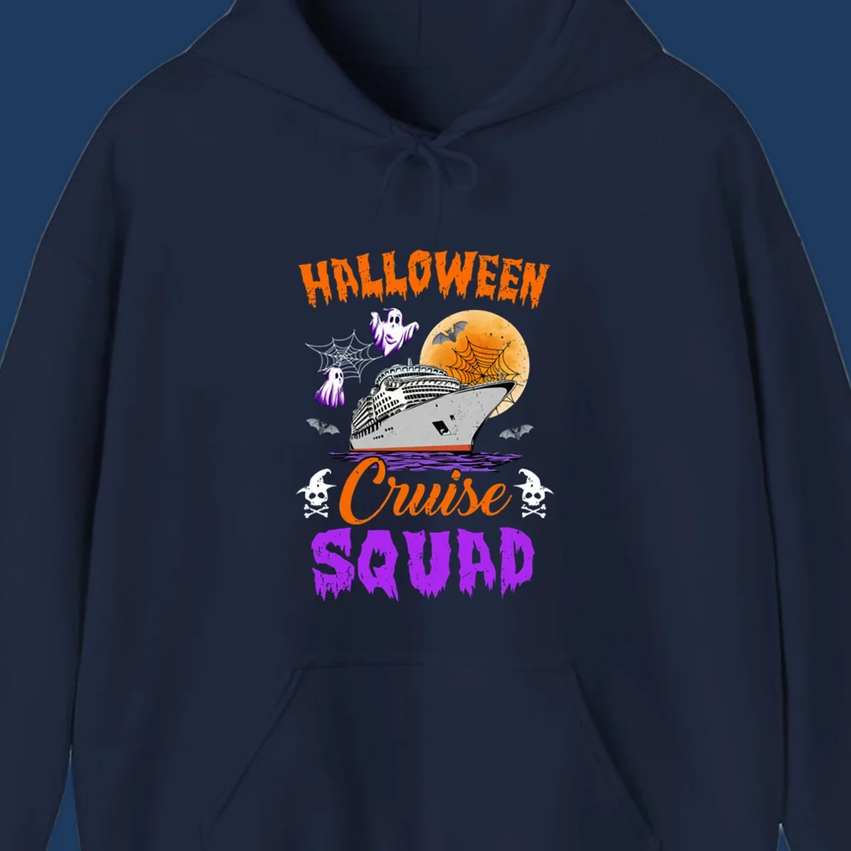 Halloween Cruise Squad design with ship, moon, ghosts, bats, and skulls on gray background