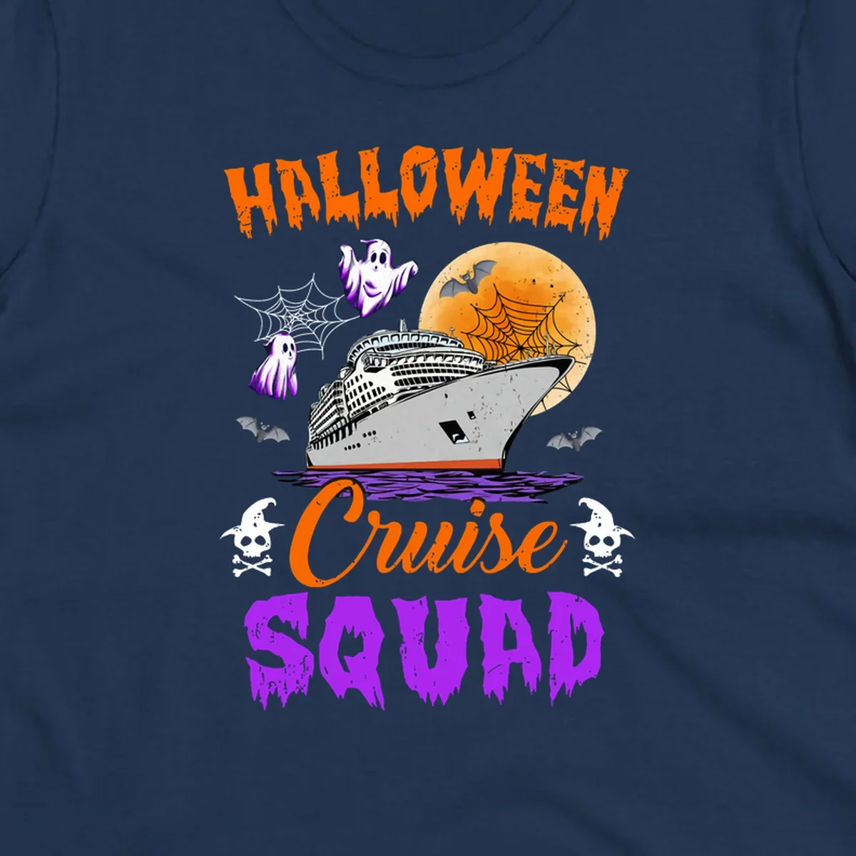 Halloween Cruise Squad design with ship, moon, ghosts, bats, and skulls on gray background