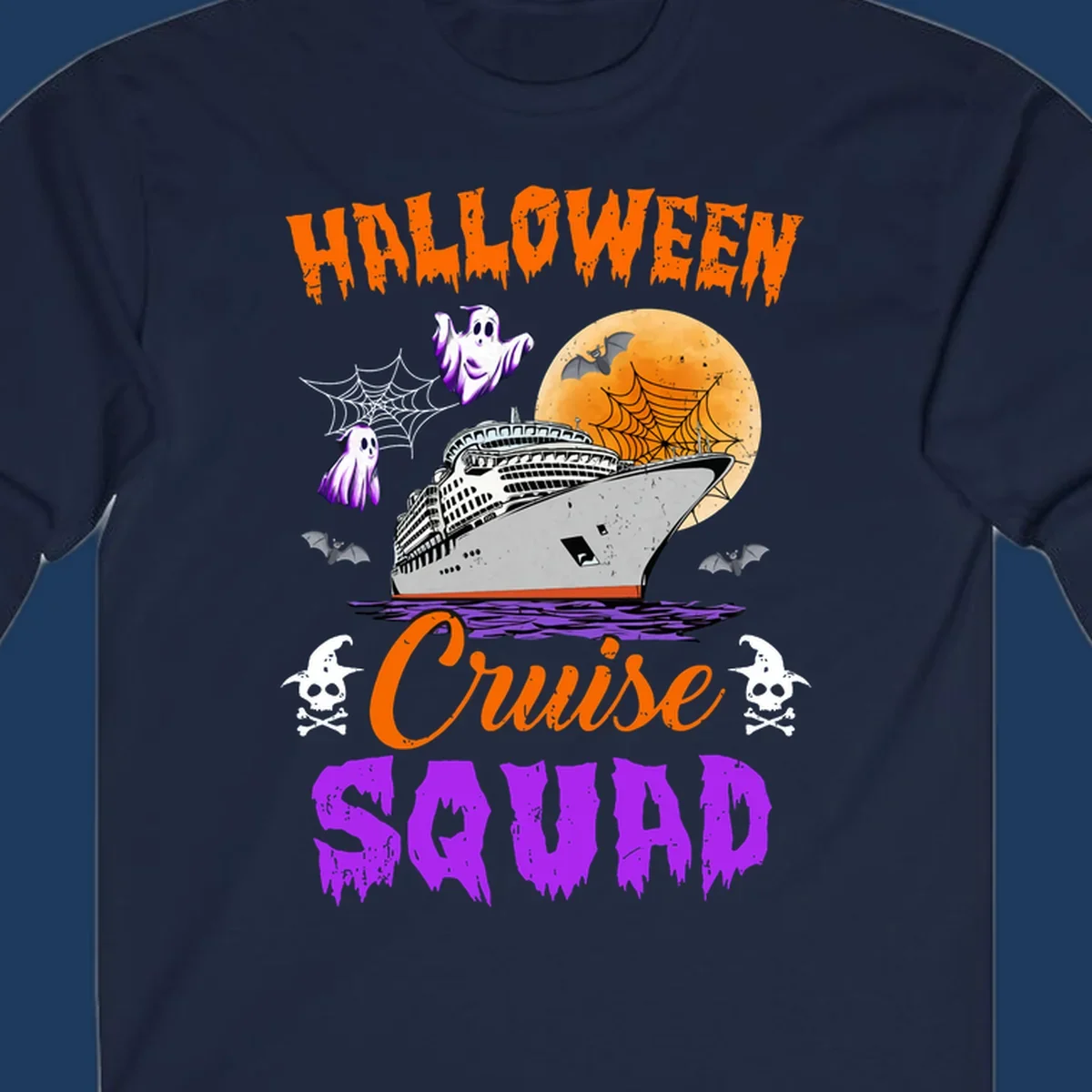 Halloween Cruise Squad design with ship, moon, ghosts, bats, and skulls on gray background